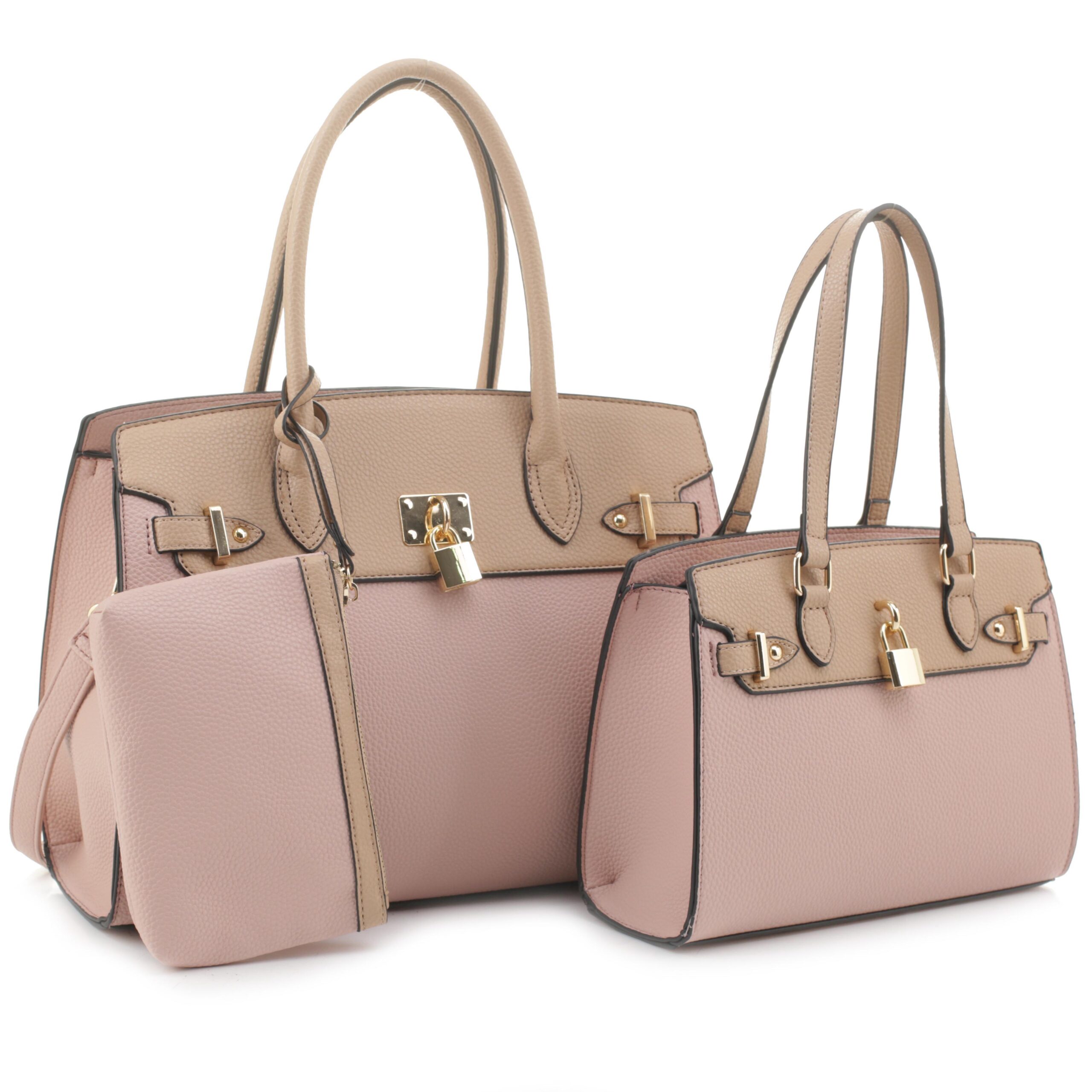 BL-FL21055-T3 taupe pink 3in1 Plain Key Lock Design Satchel Bag